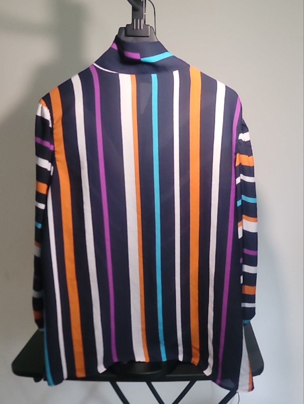 Ashley Stewart Navy Striped Bow-Tie Blouse with Orange, Teal & Purple Accents - Picture 4 of 4